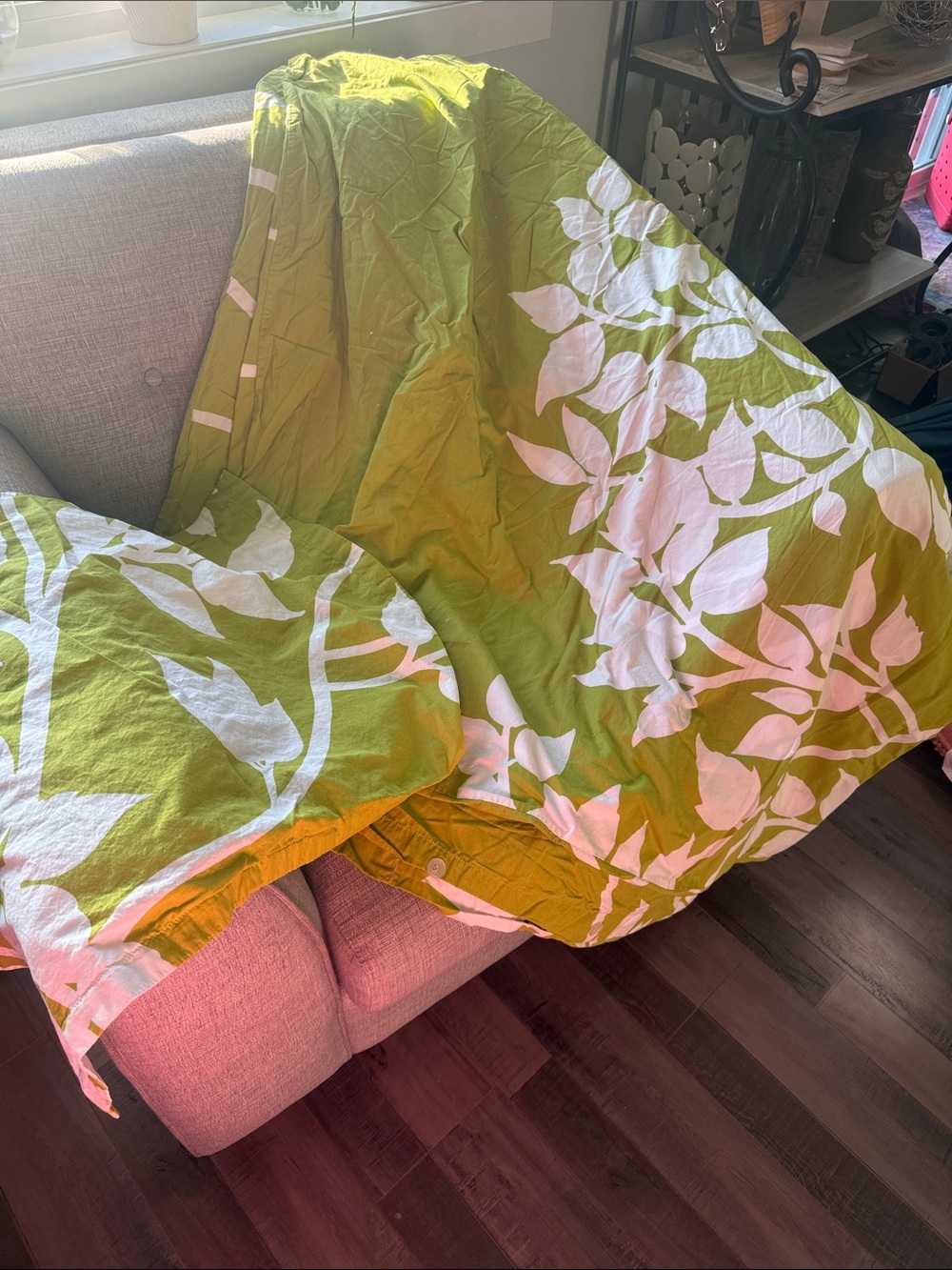 Crate&Barrel Green and White Botanical Duvet Cover